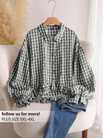 CosyJoli 大码格子印花荷叶边下摆纽扣长袖休闲衬衫