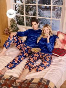 CoupledUp Cute Christmas Pattern Cozy Men Fluffy Pajama Set, Fall Winter Clothes - Multicolor - View 6