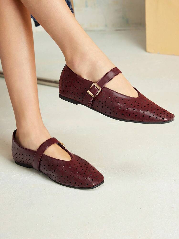 Zapatos planos de mujer con corte láser tipo Mary Jane, de punta cuadrada, cómodos y versátiles para el uso diario