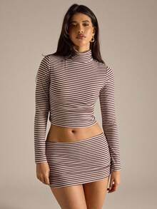 SHEIN BAE White And Brown Striped Turtleneck Backless Long Sleeve Top And Mini Skirt Set,Autumn Seksi Chic Night Out Stylish Suit For Old Money Style - Multicolor - View 4