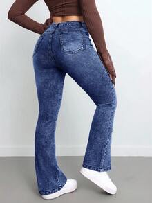 SHEIN Tall 女士休闲修身弹力喇叭牛仔裤，新年圣诞节高腰牛仔裤 - 深色水洗藍 - 查看 2