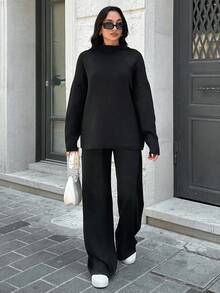 SHEIN Tall Drop Shoulder Sweater & Knit Pants - Black - View 4