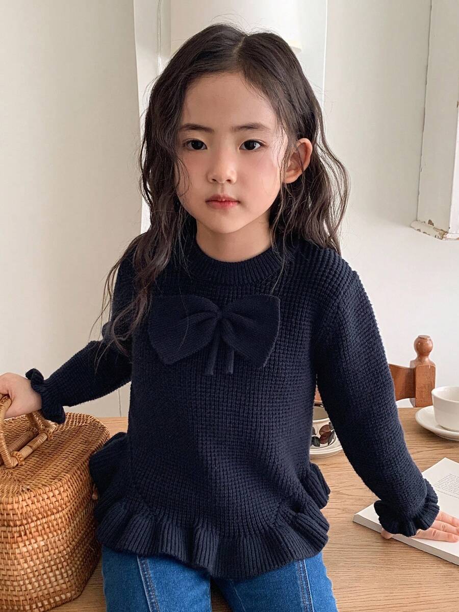 Dazy Kids Girls Crew Neck Bow Decor Sweater, Autumn - Navy Blue - View 1