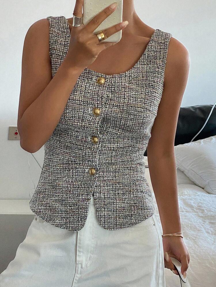 Spring New French Style Square Neck Waist Cinched Sleeveless Top For Women, Slimming Plaid