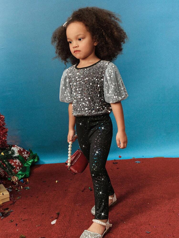 Maija Kids 年轻女孩彩色金属印花黑色针织紧身休闲打底裤 - 黑色 - 查看 5