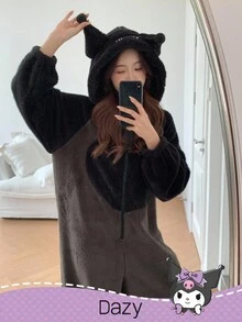 DAZY HELLO KITTY AND FRIENDS | SHEIN Flannelette Embroidery Cartoon Letter Pattern Contrast Raglan Sleeve Zip Up 3D Ears Hooded Romper Pajama - Black - View 11