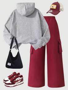 Sparklyn 2 件青少年休闲时尚针织纯色正面图案字母印花插肩袖连帽衫和工装裤运动服套装