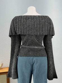Sweetra 女士优雅时尚圣诞单肩新年翻领喇叭长袖镶钻针织套头衫加大码毛衣，露肩上衣，Y2K风格外出毛衣，春秋冬季 - 深灰色 - 查看 2