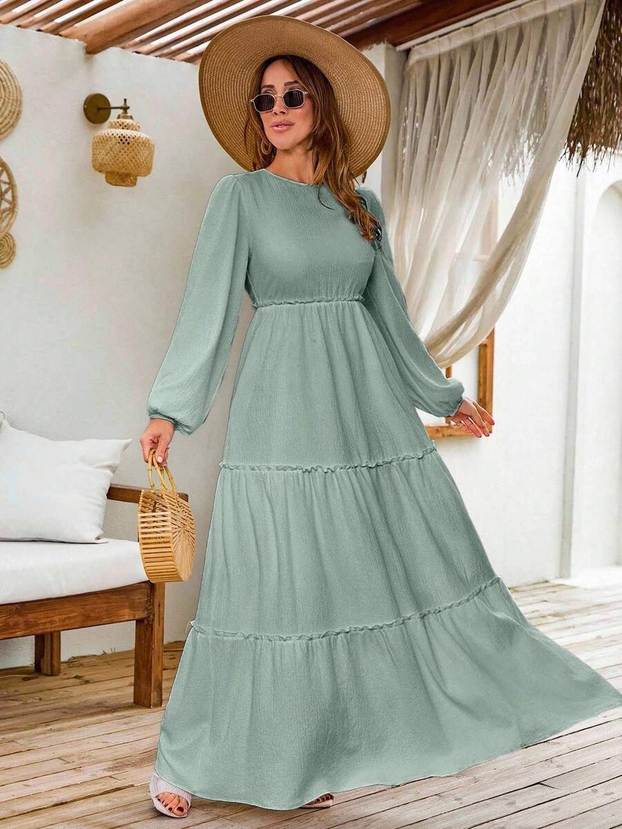EURMUSE LANTERN LONG SLEEVE LAYERED LONG DRESS - Mist Green - View 1