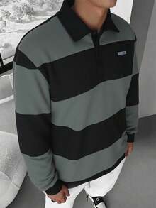 SHEIN Teens Boys Colorblock Striped Polo Shirt Sweatshirt,Casual Street Style Splice Detail Decor Collar Top,Versatile Comfortable Autumn Streetwear Polos - Multicolor - View 4