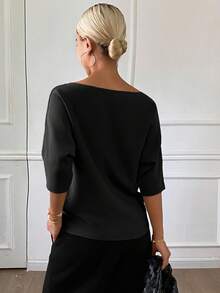 DAZY Women's Solid Color Fitted Boat Neck 3/4 Sleeve Casual Elegant Knit Top, Autumn/Winter - Black - View 2