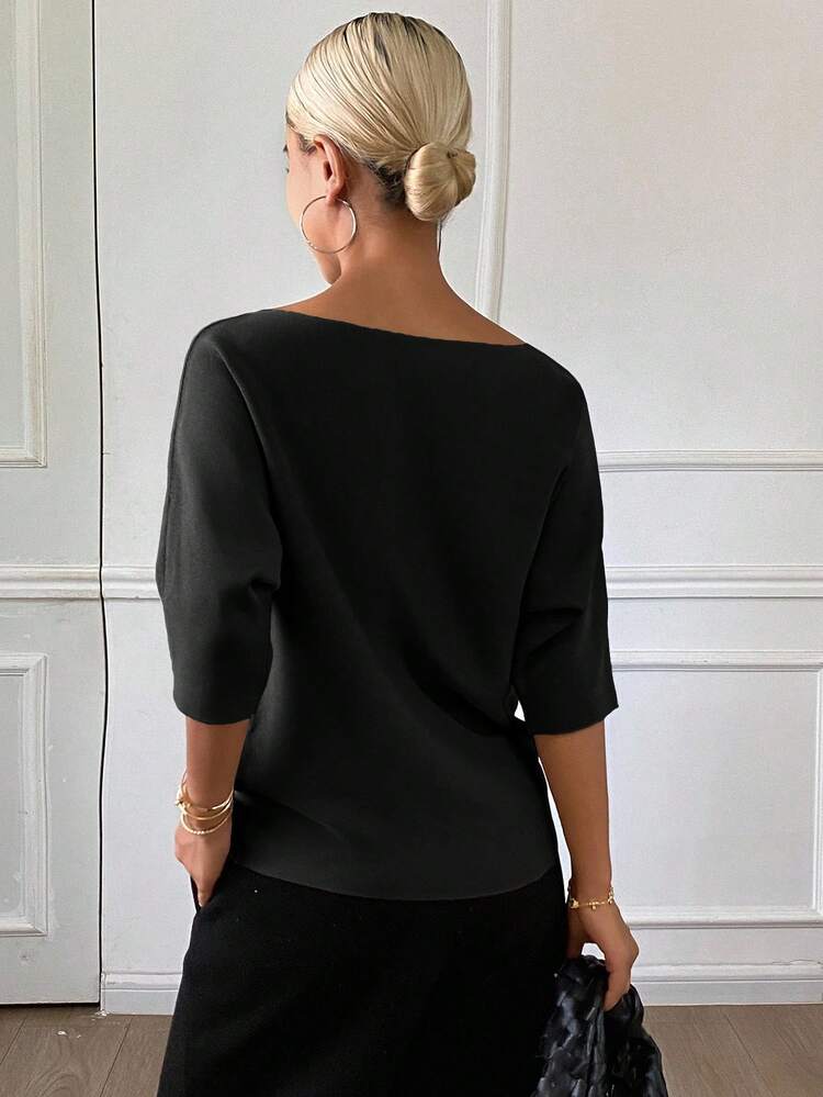 Women's Solid Color Fitted Boat Neck Half Sleeve Casual Elegant Knit Top, Autumn/Winter
