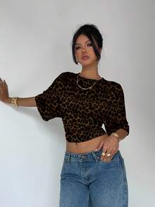 Aloruh 女士豹纹短袖飘逸T恤 - 彩色 - 查看 7