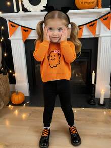 SHEIN Vintaside Kids Baby Girls' Cute Halloween Burnt Orange Sweater With Ghost & Floral Pattern,Autumn Knitted Long Sleeve Pullover,Matching Family Soft Casual Pullover - Coral Orange - View 8