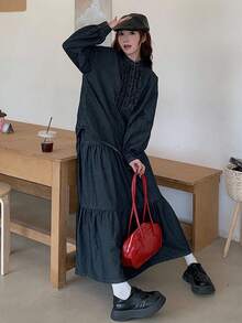 DAZY 女士圆领半拉链荷叶边牛仔上衣和长款牛仔裙休闲牛仔套装 - 深色水洗藍 - 查看 2