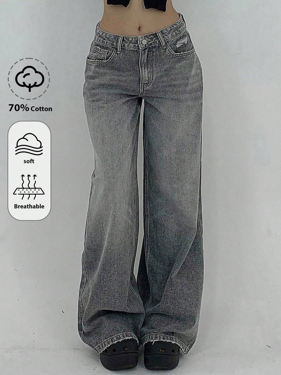 SHEIN Teen Girl Fashion Casual Y2k Vintage Cool Street Returns To School College Cut Out Ripped Frayed Design Street Grey Denim Ripped Loose Jeans Soft Dailywear Winter And Fall Rave Festival And Streetwear School - Grey - View 1