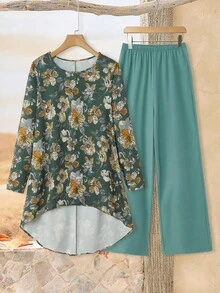 Rusticease Conjunto de top de manga larga de corte holgado con estampado floral y pantalones de pierna ancha