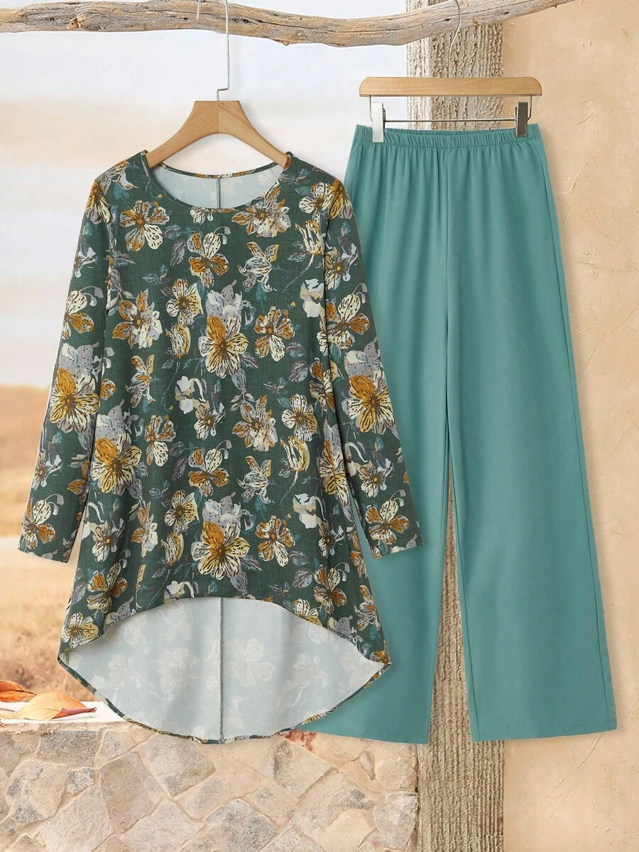 Rusticease Conjunto de top de manga larga de corte holgado con estampado floral y pantalones de pierna ancha
