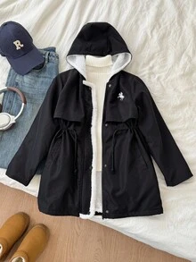 SHEIN Áo khoác parka thêu có mũ trùm đầu cho bé gái tuổi teen, có lớp lót giữ nhiệt, áo khoác mùa thu/đông cho bé gái, áo khoác có mũ trùm đầu màu đen cho bé gái, áo khoác lót lông cừu màu đen cho bé gái, áo khoác có mũ trùm đầu cho bé gái, áo khoác lông cừu thời trang có khóa kéo cho bé gái, áo khoác lông cừu cho bé gái, áo khoác Sherpa cho bé gái màu đen - màu đen - Xem 6