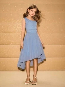 少女优雅高端雪纺单肩束腰修身礼服，朦胧蓝秋冬 - 藍色 - 查看 5