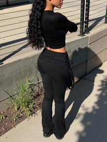 INAWLY 女式纯色圆领长袖 T 恤和喇叭裤休闲两件套 - 黑色 - 查看 3