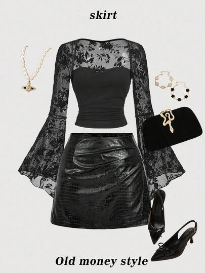 SHEIN MOD 大码女式时尚褶皱黑色PU皮革迷你裙