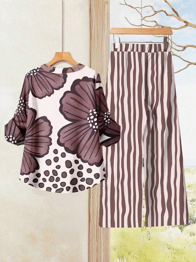 Women Floral Print Ruffle Sleeve V-Neck Blouse And Striped Wide Leg Pants Casual 2 Pieces Set Women Clothes Set Floral Print Two Piece Set 2pc Set Women Two Piece Set Women Striped Two Piece Pants Set