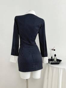 Elamini Bộ 2 áo sơ mi tay dài hở ngực kẻ sọc xanh navy và chân váy ngắn ôm sát, trang phục đi làm hàng ngày, trở lại trường, phong cách đại học - Màu xanh hải quân - Xem 2