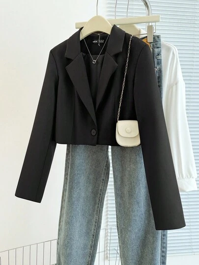 Franclia Women's Casual Commuter Simple Solid Color Lapel Collar Short Blazer Jacket