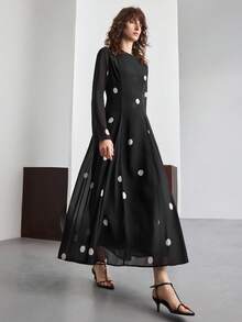 Ontre 2026SS Spring/Summer Women's Long Polka Dot Dress, Black & White, Party & Valentine's Day, A-Line Waist Cinched, Long Sleeve, Round Neck, Casual Chic, Business Casual, Commute, Slimming, Daily Urban Stylish, Minimalist Elegant, Versatile Long Dress - Black - View 6