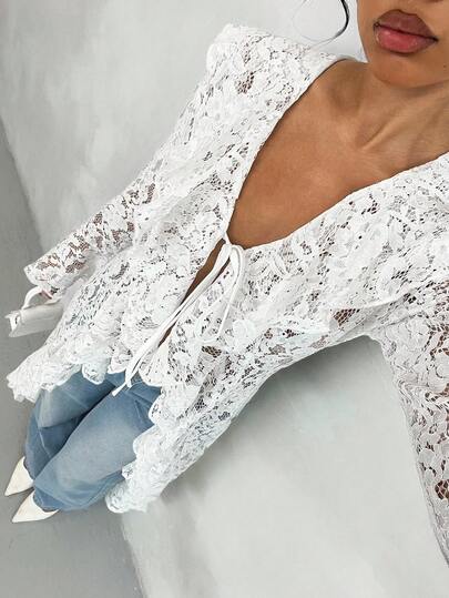 Glamine White Summer Elegant Date Women's Lace Top, Vacation Ruffled See-Through Long Thin Coat,Business Casual Boho Cardigan,Spring & Summer