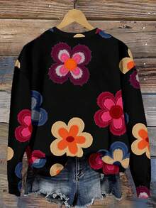 EMERY ROSE Lässiger, minimalistischer Damen Sweatshirt mit Blume Muster-Muster, weite Passform, Rundhalsausschnitt, Langarm für Herbst/Winter