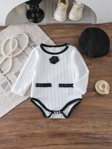 Baby Girl Round Neck Open Shoulder Long Sleeve Ribbed Textured Faux Pocket Rose Flower Decor Bodysuit, Suitable For Spring, Autumn & Winter, Elegant & Versatile Fall - White - View 3