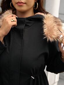 SHEIN Essnce Plus Size Women's Autumn And Winter Fashion Casual Loose Comfortable Daily Gentle Plush Splicing Hooded Cotton Coat Black Mid-Length Coat, Parka Jacket,Winter Outfits,Women's Winter Clothes - Black - View 7