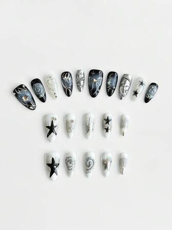 Anime 10pcs Cute Wings, Rose, Bow, Music Note, Star Element High Quality Handmade False Nails + 3pcs Double-Sided Adhesive, Y2K Style Rhinestone Pink Polka Dot White Lace Removable Manicure Stickers, Suitable For Holidays, Parties, Dancing And Daily Wear