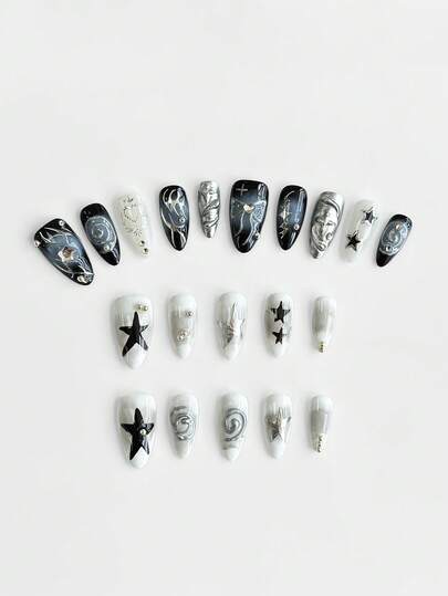 Anime 10pcs Cute Wings, Rose, Bow, Music Note, Star Element High Quality Handmade False Nails + 3pcs Double-Sided Adhesive, Y2K Style Rhinestone Pink Polka Dot White Lace Removable Manicure Stickers, Suitable For Holidays, Parties, Dancing And Daily Wear