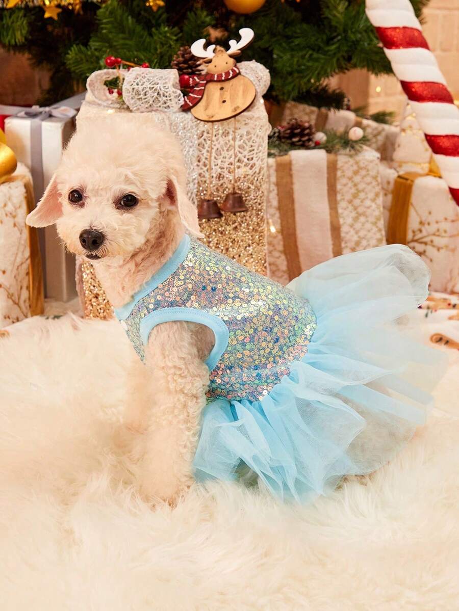 PETSIN 圣诞派对闪亮亮片和蓝色网眼宠物裙 - 彩色 - 查看 1