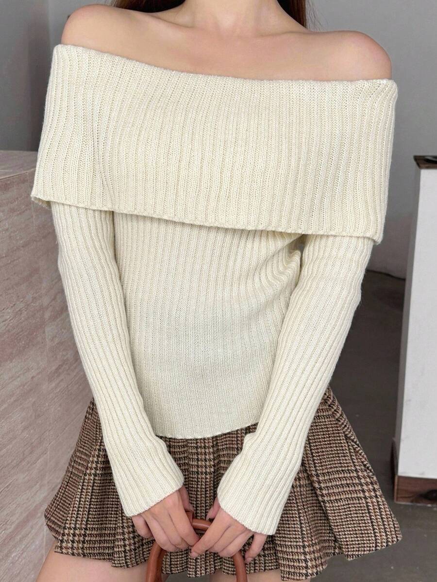 SHEIN 少女优雅露肩长袖针织毛衣，米色，秋冬 - 杏色 - 查看 1