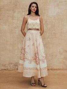 Lumalex VITNOS New Spring Collection, Luxury Vintage-Inspired Floral Border Print High-Waist Maxi Skirt – Lightweight Sheer Chiffon, Soft A-Line Silhouette, Elegant Flowing Hem, Summer Resort & Occasion Wear, New Year Glamour, Brown Skit, Elegant For Parties, New Year Parties, Holiday Party Guide, Elegant Skirt - Multicolor - View 4