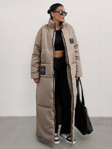EURMUSE Fashionable Versatile Stand Collar Super Long Cardigan For Vacation Winter - Khaki - View 3