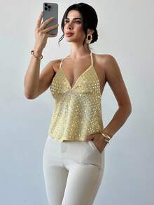 Firerie 女士优雅精致浪漫度假性感新款V领透明露背奶油黄色吊带背心上衣 - 黃色 - 查看 4