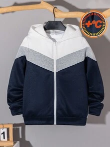 SHEIN Tween 男童休闲拼色连帽拉链长袖卫衣，适合通勤、上学、日常休闲、旅行、运动、春夏秋冬，抓绒，加厚 - 藍色 - 查看 3