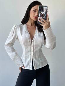 Firerie Women's Elegant Off-White Autumn Dinner Date Lace Patchwork V-Neck Long Sleeve Button Front Cotton Blend Fitted Shirt,Daily Casual Commute Office Wear - White - View 1