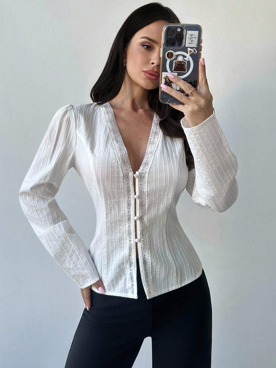 Firerie Women's Elegant Off-White Autumn Dinner Date Lace Patchwork V-Neck Long Sleeve Button Front Cotton Blend Fitted Shirt,Daily Casual Commute Office Wear - White - View 1