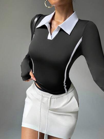 Dewbera Women's Long Sleeve Sports Polo Shirt, Contrast Color Polo Collar, Side Mesh Panels And Contrast Stripes, Suitable For Daily Casual, Running, Yoga, Gym, Tennis, Golf, Autumn/Winter/Spring