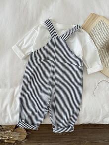 SHEIN 男婴/女婴秋冬套装，连体裤，可爱小熊刺绣黑白条纹背带裤连体衣，舒适百搭时尚休闲基础款，适合室内、户外滑雪、日常穿着、运动、玩耍、派对、节日、万圣节、圣诞节、新年等场合。男婴黑白套装，可爱男女宝宝服装。 - 黑與白 - 查看 2