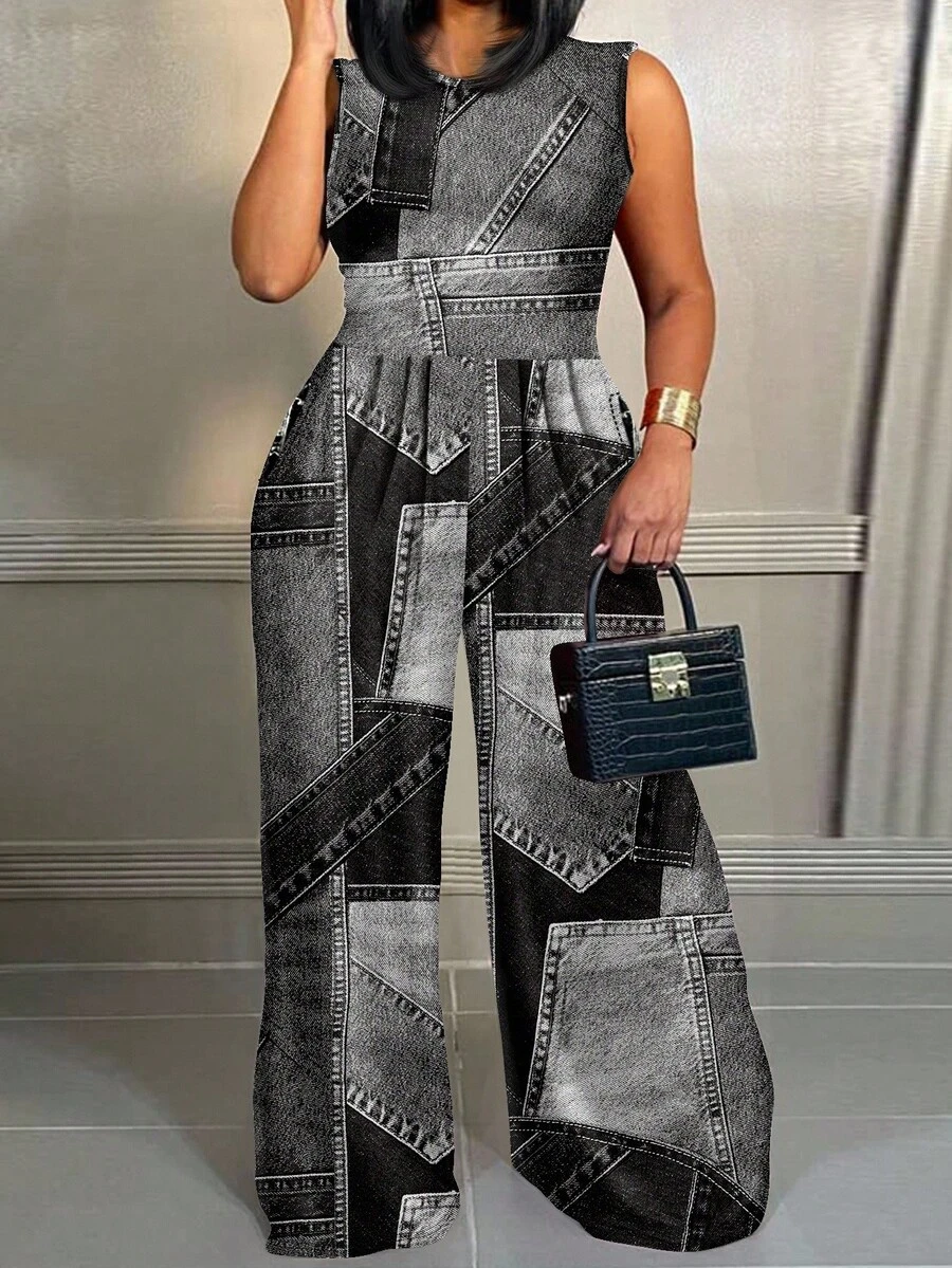 Slaydiva Casual Patchwork Pattern Round Neck Sleeveless Jumpsuit, Plus Size Jumpsuit, For Autumn, For Summer Suitable For Going Out - Dark Grey - View 1