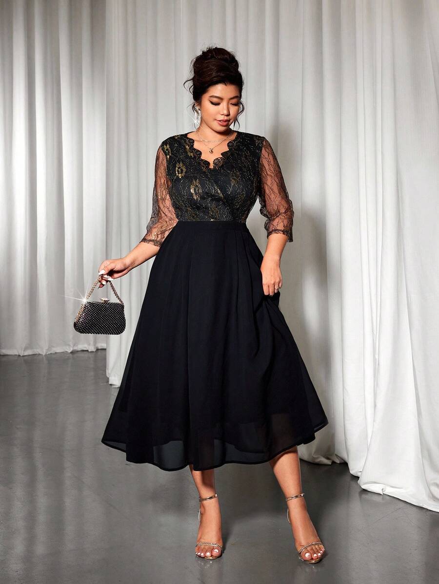 Cravure Plus Size Shallow Gold Lace Collar Floral Chiffon Patchwork Dress