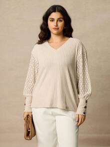 Juhart Spring/Autumn V-Neck Ribbed Patchwork Sleeve Hollow Lace Trim Plus Size Women T-Shirt