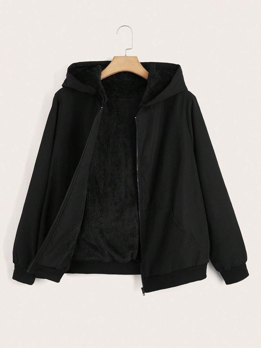 SHEIN EZwear Plus Size Solid Color Hooded Casual Zip-Up Jacket, Versatile/ Winter - Multicolor - View 1